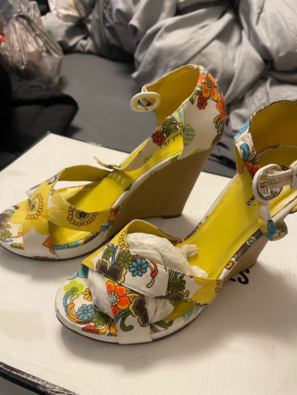 Floral Print Yellow Wedge Sandals with Ankle Strap